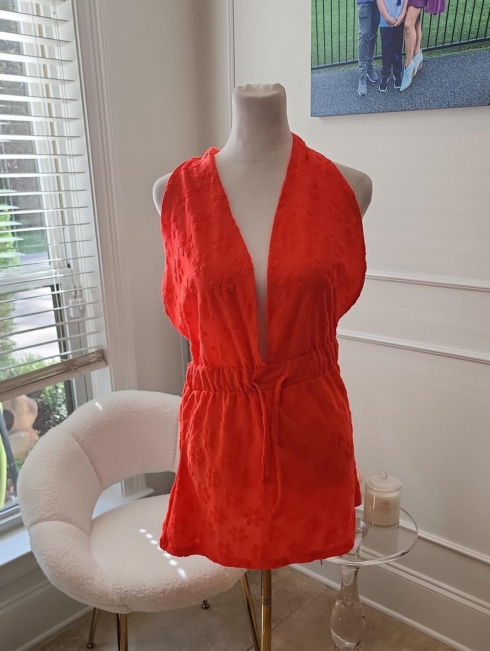 Fashion Nova Coral-Red Plunge Halter Camisole with Drawstring Waist